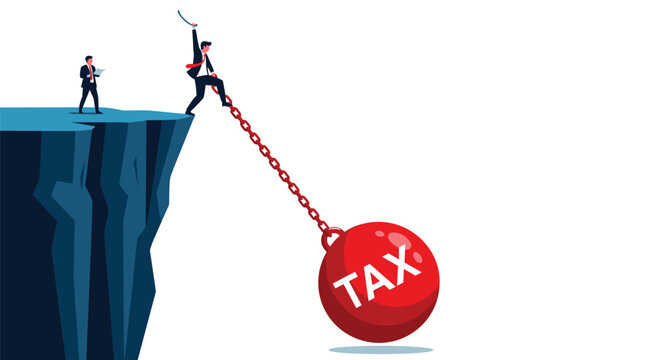Man walks along a heavy chain attached to a giant red wrecking ball labeled tax as he balances over a steep cliff, representing debt.