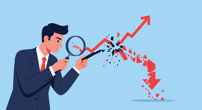 Business professional uses a magnifying glass to observe a red graph arrow breaking into pieces, representing a sudden market crash.