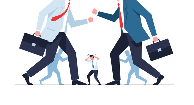 Two giant businessmen are about to fight while a tiny man in the middle looks stressed, representing the impact of corporate conflicts.