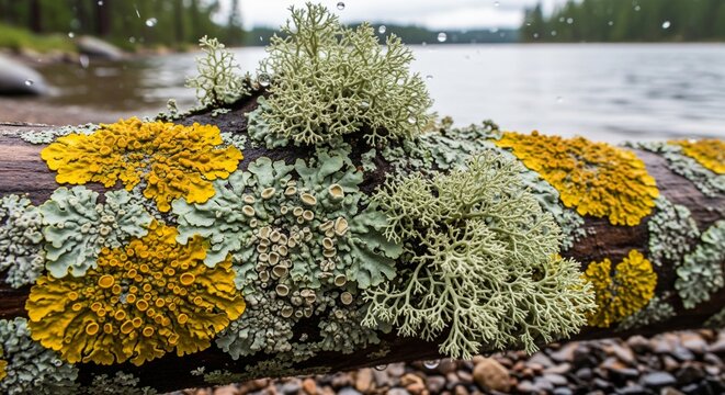Colorful lichen species, including bright yellow and pale green crustose and fruticose lichens, growing closely together on a wet log by a lake.