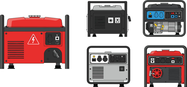 Portable Gasoline Power Generator Set Multiple Views Red Gray Industrial Equipment Vector Illustration