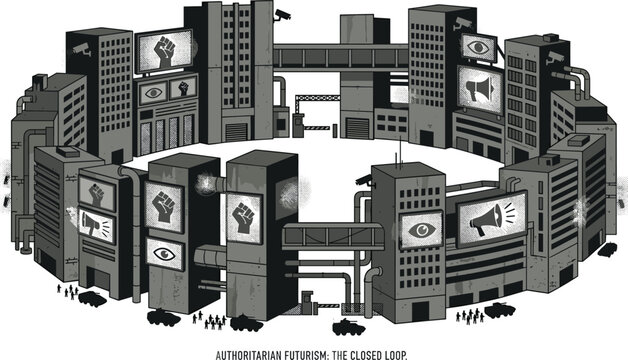 Authoritarian futurism closed loop vector illustration with dystopian surveillance megacity propaganda architecture and cyberpunk urban control concepts