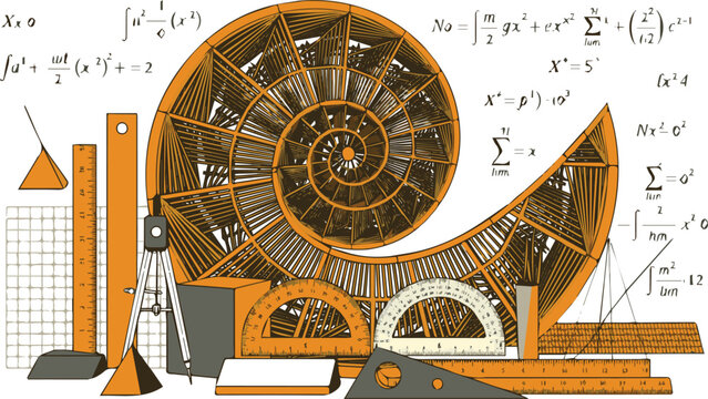 Golden ratio spiral, geometric tools, and equations illustrate timeless scientific principles, foundational knowledge, and the elegant journey of discovery