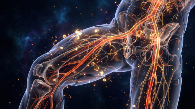 anatomical visualization of knee joint with nerves and muscles in transparent body