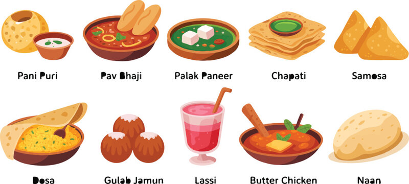 Popular indian cuisine collection featuring delicious traditional dishes like pani puri pav bhaji palak paneer dosa gulab jamun.