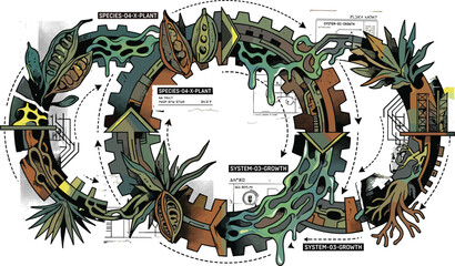 Biomechanical growth cycle vector illustration with industrial botanical ring systems eco futurism structures and abstract nature technology fusion concepts © AdhinChandra