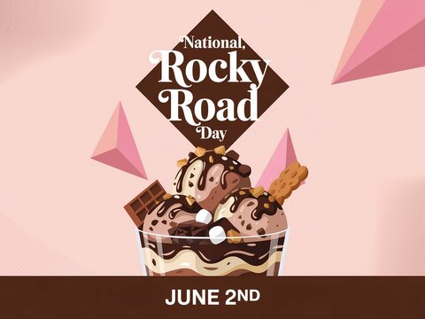 National rocky road day celebration poster with chocolate ice cream sundae illustration