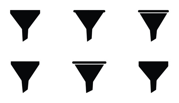 Set of six black funnel icons vector, simple flat design for data filtering and sorting concepts