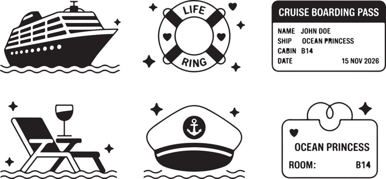 Cruise travel icons including ship life ring boarding pass deck chair captain hat cabin tags for maritime vacation adventures.