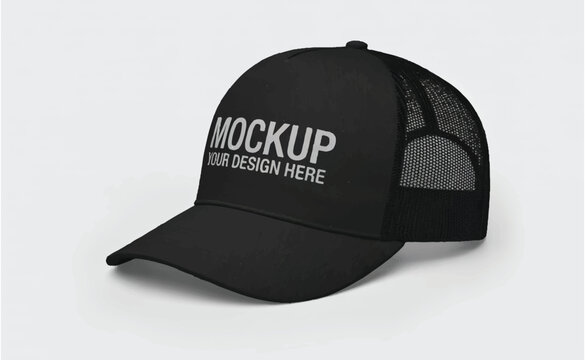 Fashionable trucker cap mockup displaying blank front panel ready for custom branding on simple neutral gray studio background.