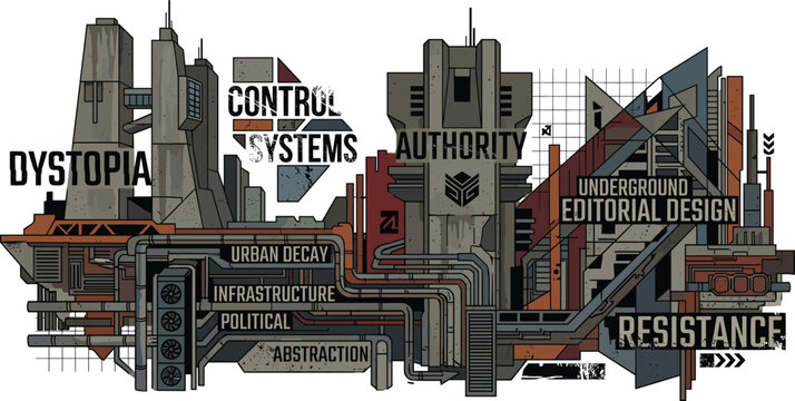 Brutalist dystopian systems vector illustration with authoritarian megacity architecture underground resistance and industrial cyberpunk propaganda concepts