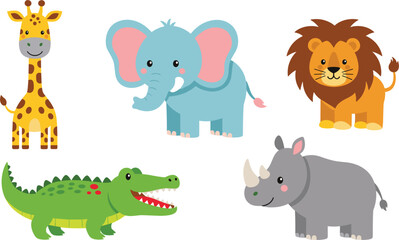 Naklejka premium Cute African Safari and Jungle Animals Vector Set Featuring Cartoon Giraffe Elephant Lion Crocodile and Rhinoceros Characters for Kids Nursery Designs