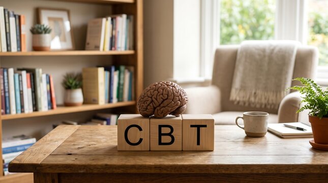 Cognitive behavioral therapy concept with brain model on table