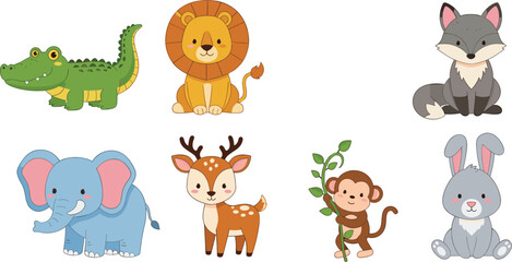 Fototapeta premium Cute Wild and Jungle Animals Vector Set Featuring Cartoon Crocodile Lion Fox Elephant Deer Monkey and Rabbit Characters for Kids Designs