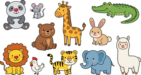 Obraz premium Cute Cartoon Animal Vector Character Set Featuring Panda Mouse Bear Giraffe Crocodile Lion Chicken Tiger Elephant and Alpaca Illustrations for Nursery Kids Decor