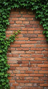 Lush green ivy climbs an old, weathered red brick wall, creating a beautiful natural texture background design perfect for copy space, leaf, rock, ancient