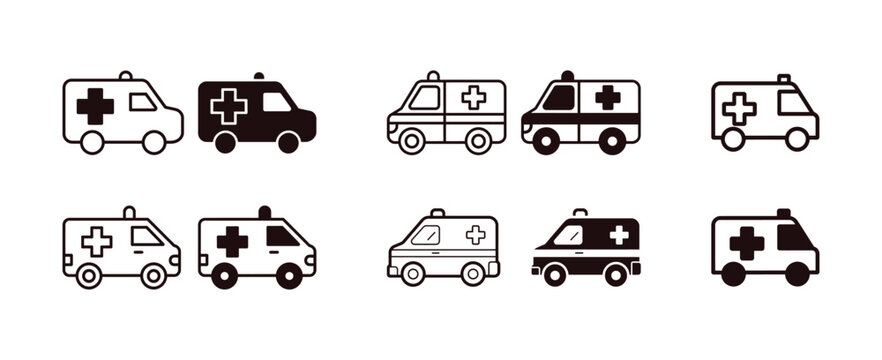 Set of ambulance vehicle icons in thin line and flat design styles.