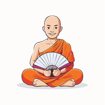 Buddhist Monk Meditating with a Fan
