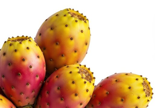 Striking red and yellow opuntia fruit isolated cleanly against a pure white background, showcasing the vibrant desert harvest, plant, tina, food
