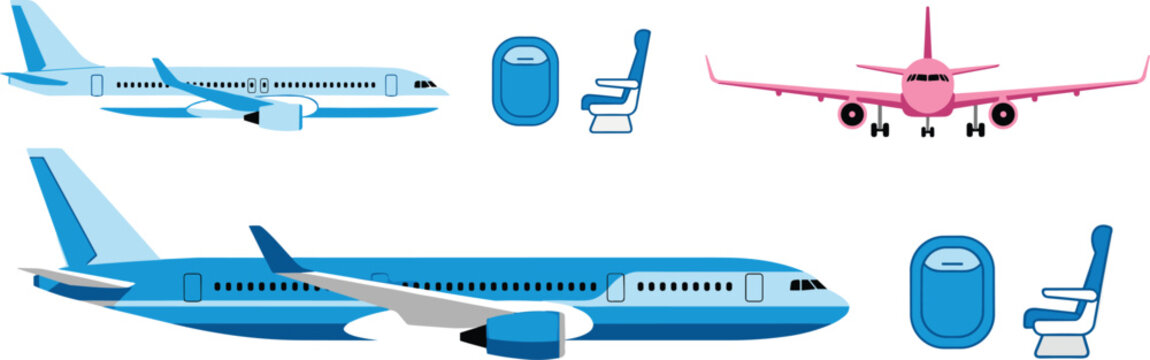 Commercial airplane travel vector collection with passenger aircraft seat and window icons