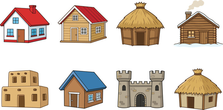 Cute cartoon houses collection with cottage cabin castle hut and adobe home vectors