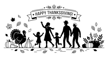 Happy Thanksgiving greeting card with a family silhouette and turkey illustration. ©  Tika Qiyam