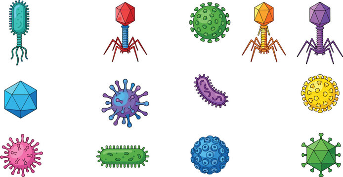 Colorful virus and bacteria microorganism collection isolated medical science vector set