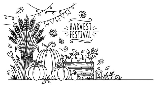 Hand drawn harvest festival illustration with pumpkins and wheat.