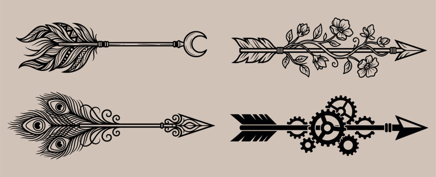 Eclectic set of arrow designs featuring peacock feathers flowers crescent moon and gears art.