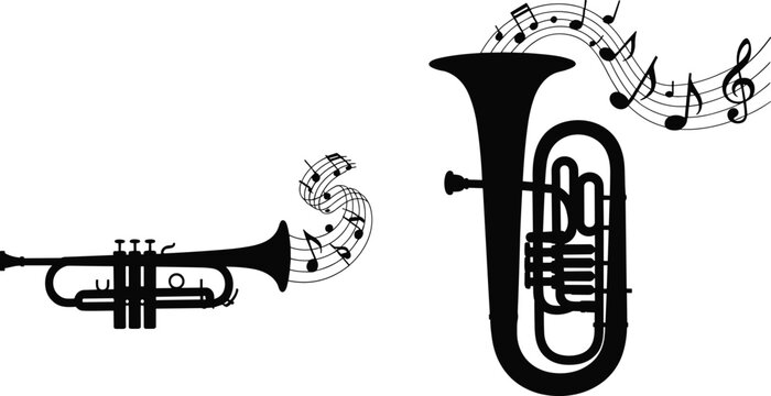 Trumpet and tuba silhouettes with musical notes, vector illustration of instrument artwork design elements for music and performance