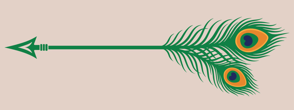 Peacock feather arrow design with vibrant green feathers on a light beige background.