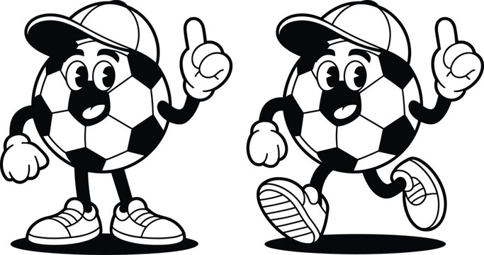 Cartoon soccer ball characters with caps and sneakers, vector illustration of sports artwork design elements for kids and fun