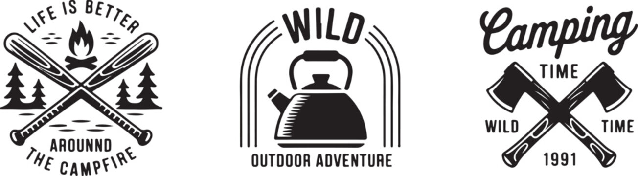 Outdoor adventure labels featuring campfire with baseball bats kettle and crossed axes for wild camping time and hiking theme.