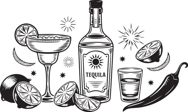 Tequila bottle with margarita glass and fresh lime slices plus hot chili pepper for mexican spirit drink theme vintage style.