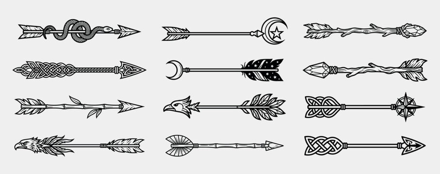 Set of decorative tribal arrows with feathers animal skulls and ornate ethnic patterns art.