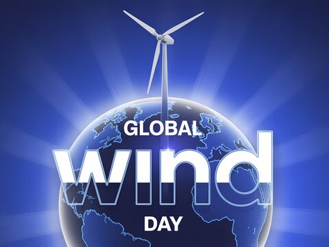 Global wind day concept with a wind turbine on top of the planet earth globe against a blue background