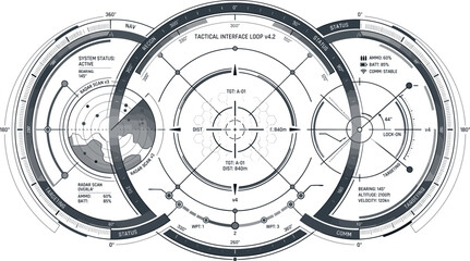 Futuristic tactical interface loop vector illustration with circular HUD radar systems military analytics and sci fi targeting dashboard concepts © AdhinChandra