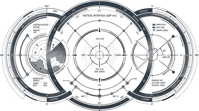 Futuristic tactical interface loop vector illustration with circular HUD radar systems military analytics and sci fi targeting dashboard concepts