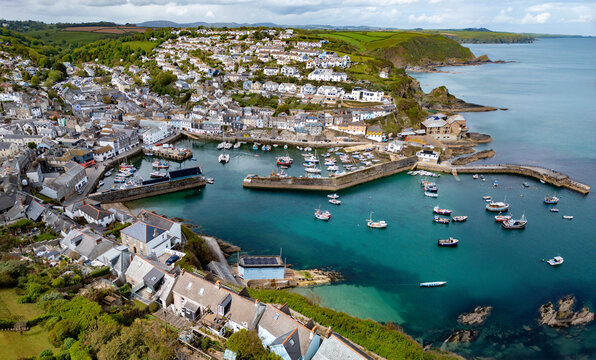Aerial views of the harbor in the coastal village Mevagissey in Cornwall, United Kingdom