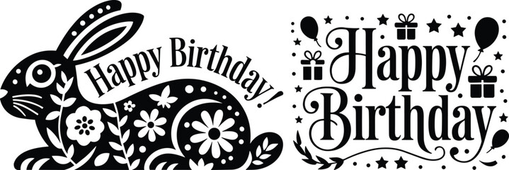 Fototapeta premium Happy Birthday decorative illustrations with rabbit floral design and ornate lettering, vector artwork for greeting cards and festive decoration
