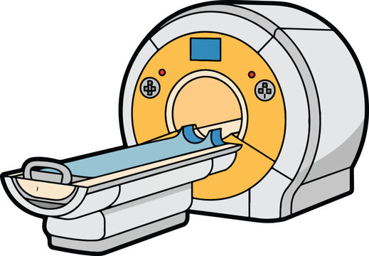 Mri machine medical scanner for diagnostic body imaging featuring wide tunnel frame and sliding patient table inside hospital lab.
