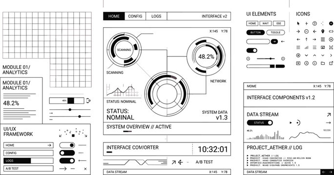 Minimal futuristic HUD interface kit vector illustration with analytics modules UI components data streams and cyber dashboard system concepts