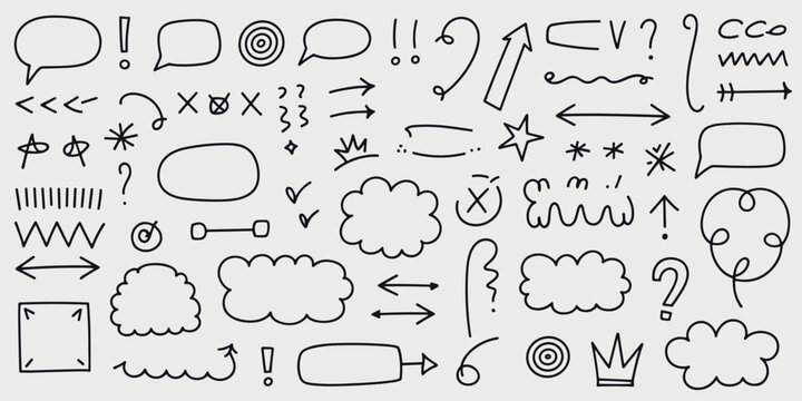 Hand drawn doodle set featuring black ink speech bubbles arrows stars question marks exclamation points check marks crosses and various decorative squiggles on a plain light gray background