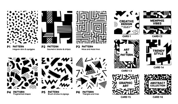 Black and White Memphis Seamless Pattern Collection with Retro 80s 90s Mosaic Textures