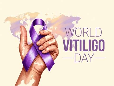 World vitiligo day awareness concept with a hand holding a purple ribbon against a world map background