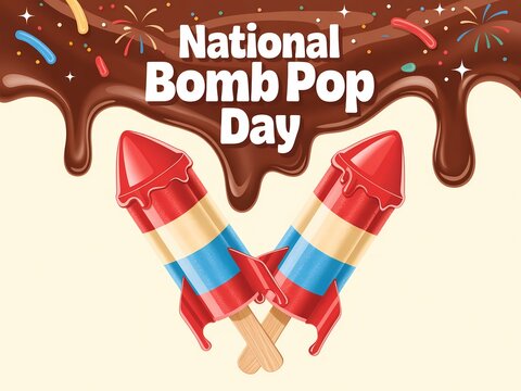 National bomb pop day celebration graphic with rocket shaped ice pops and melting chocolate background