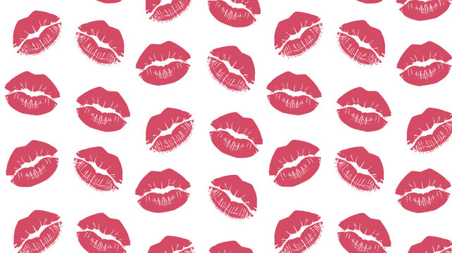 Repeating pattern of pink lipstick kiss marks scattered across a clean white background featuring various orientations of lip prints with visible texture from the cosmetic application
