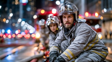 Fototapeta premium Firefighters work during emergency in a busy city street at night with fire trucks and bright lights around them
