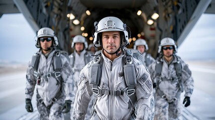 Naklejka premium Soldiers in winter gear leaving a military aircraft on a snow-covered runway during training exercises in a cold climate area
