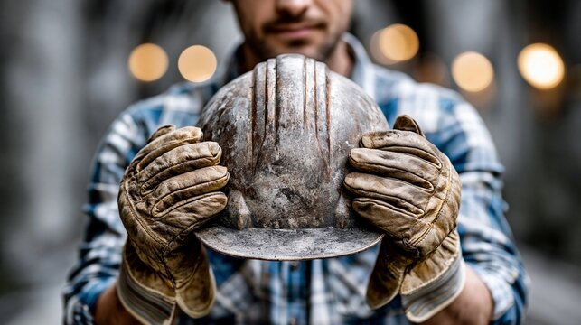 Worker holds a worn hard hat in a construction site with blurred lights in the background during working hours
